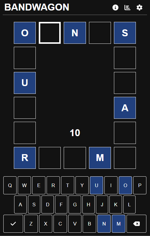 A screenshot from the game Bandwagon. Four words are laid out in a square pattern with several letters missing, and it's the task of the player to find the missing letters. Below the square is a keyboard for input of the missing letters.
